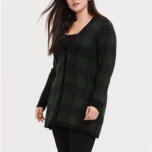torrid Black and Dark Green Plaid Open-Front Cardigan